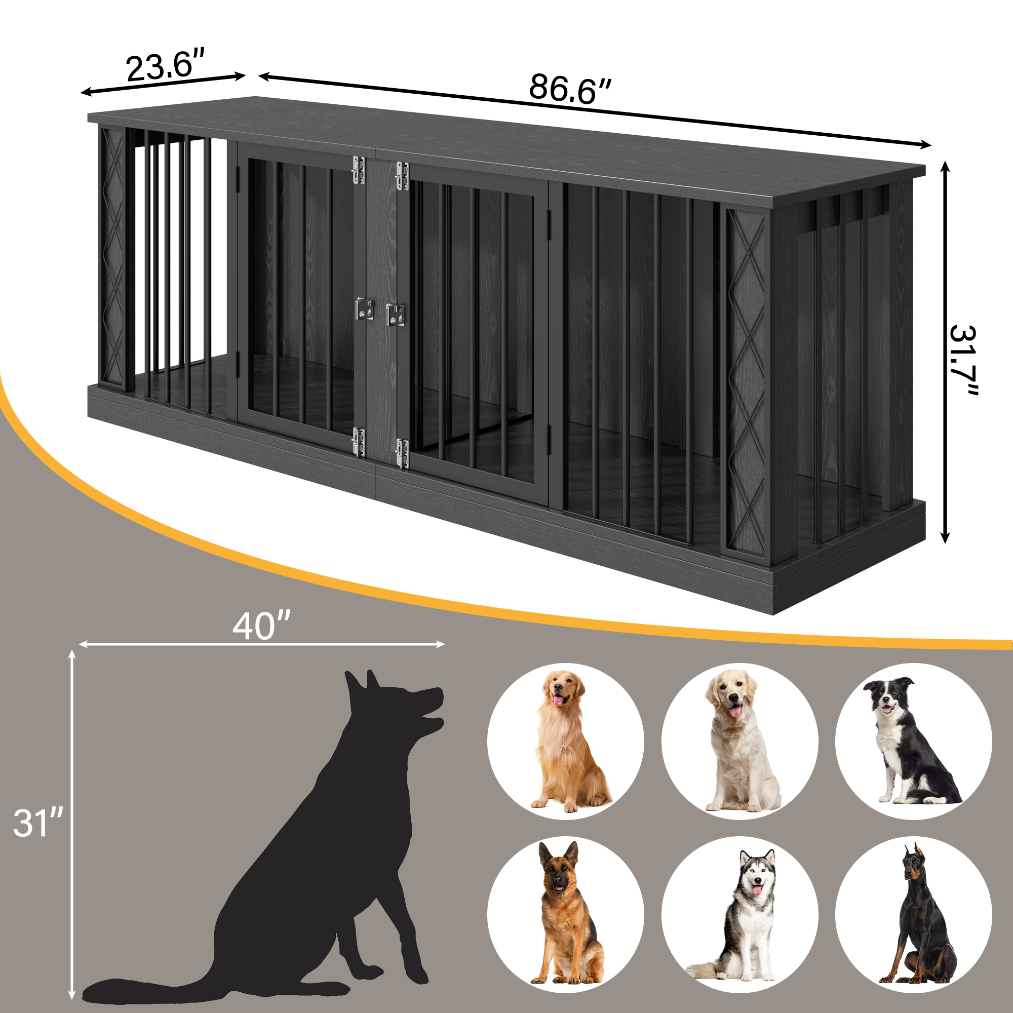 ModFurne 86.6" Dog Crate Furniture for Double Dogs, Heavy Duty Dog Cage Indoor for Small/Medium/Large Dogs, Dog Kennel Furniture Black