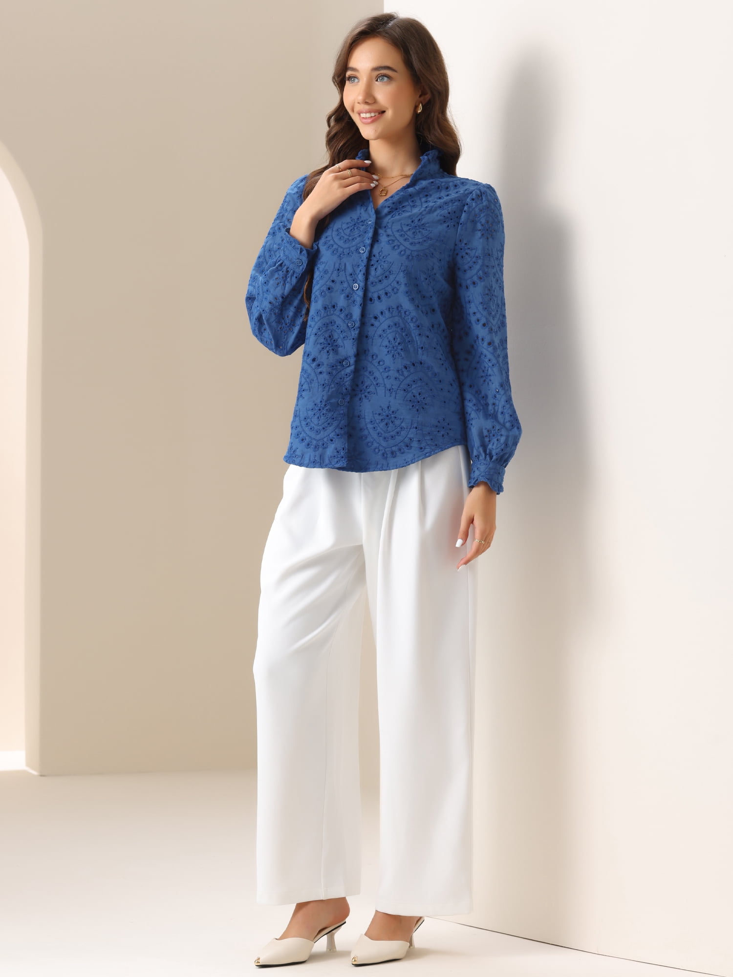 DARING DIVA Women's Ruffled V Neck Casual Work Swiss Shirts M Royal Blue
