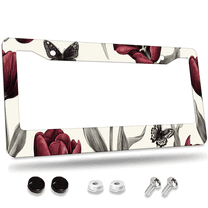 1 Pcs Red Tulips and License Plate Frame, License Plate Cover for Car Decorative Parts, Aluminum License Plate Bracket Holder Rust-Proof Weather-Proof for US Standard Car