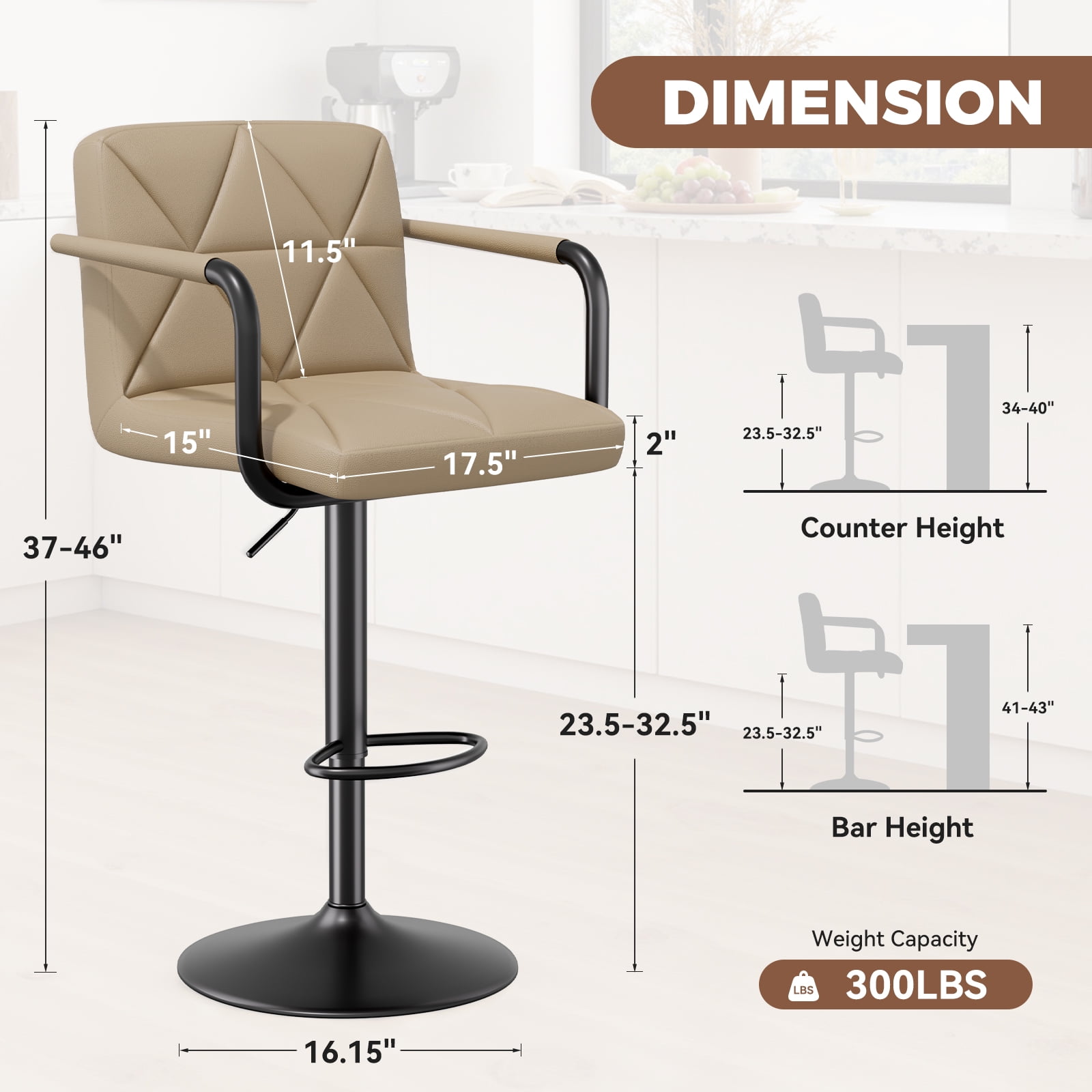 Daluvenix Bar Stools Set of 2， PU Leather Adjustable Swivel Barstools，Hydraulic Counter Height Bar Chairs with Armrest Back for Kitchen Island，Khaki