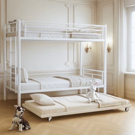 Alvantor Triple Bunk Beds Frame, Twin over Twin Bunk Bed with Trundle, Heavy Duty Metal Bed with Guardrail and Ladders, Divided Into 3 Twin Beds for Boys, Girls, Kids, Easy Assembly White