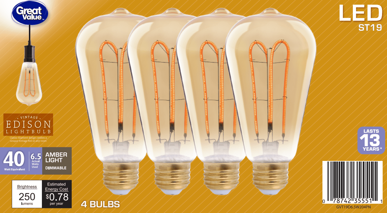 Great Value Vintage 6.5W LED Edison Light Bulbs, 40W Eqv, Amber Finish, ST19 Filament E26 Base, 4PK