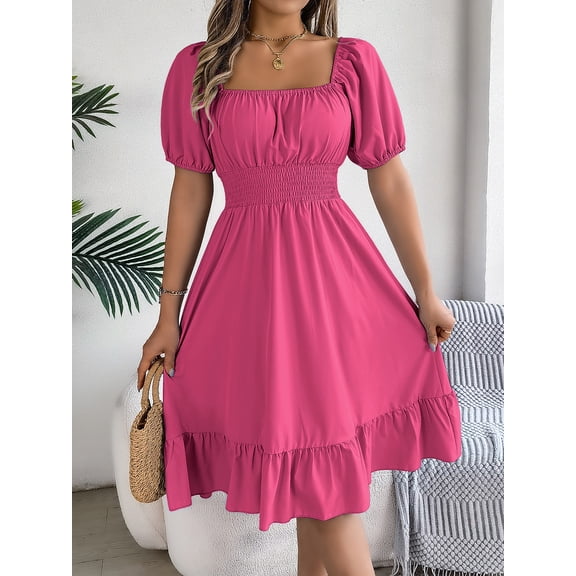 Spring/Summer Casual Square Neck Short Sleeve Waist-Cinching Ruffle A-Line Dress