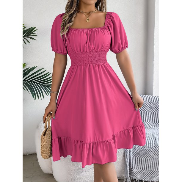 Vestidos MIidi para mujer, verano 2024, informal, cuello cuadrado, manga corta, cintura, borde con volantes, vestido elegante para mujer, Плаalıя Ж Jaya Kami Kamiе