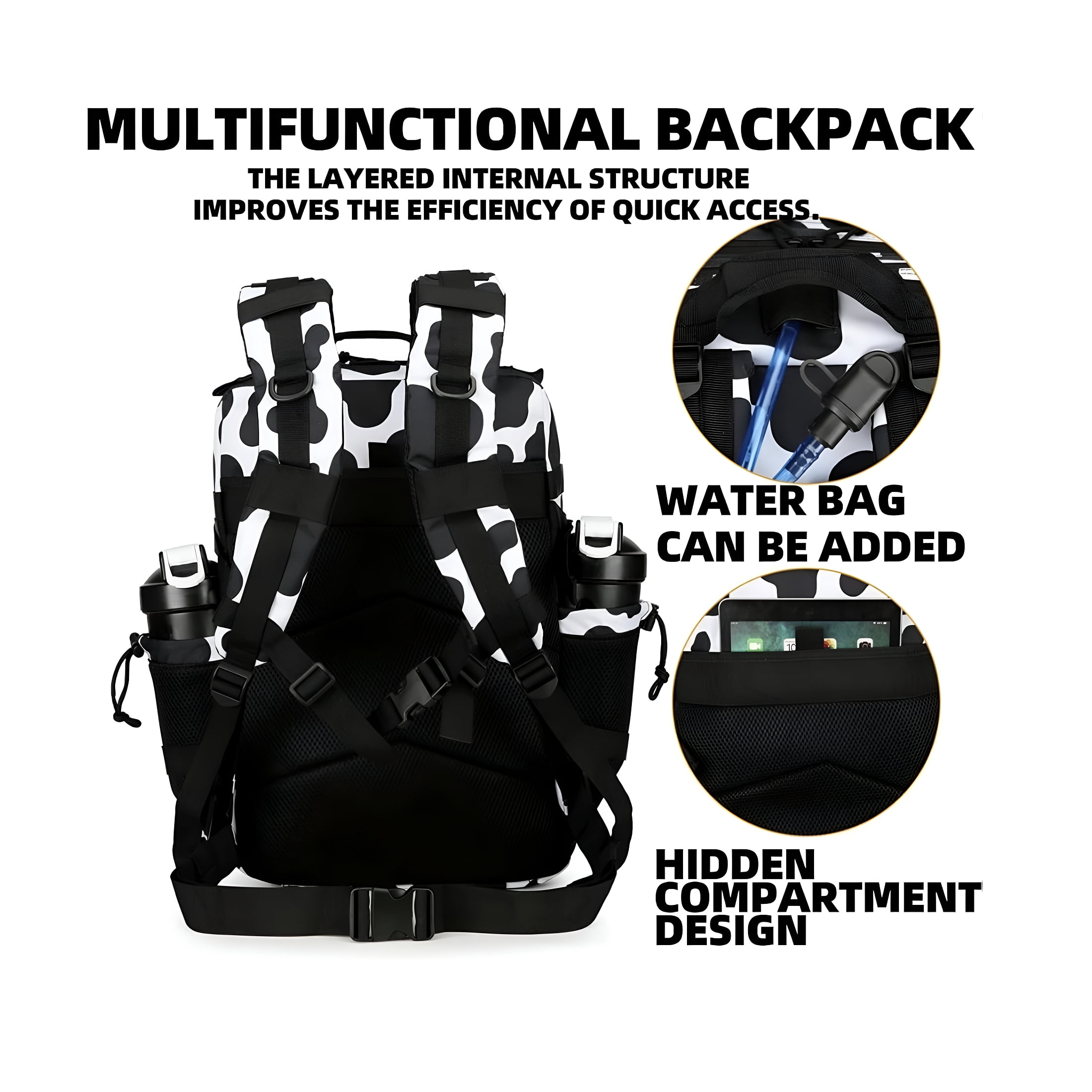GASTROPOD 25L Cow Print Tactical Backpack Military Tactical Backpack For Men And Women Small Assault Pack Outdoor Travel Hiking Camping Rucksack With Molle Webbing