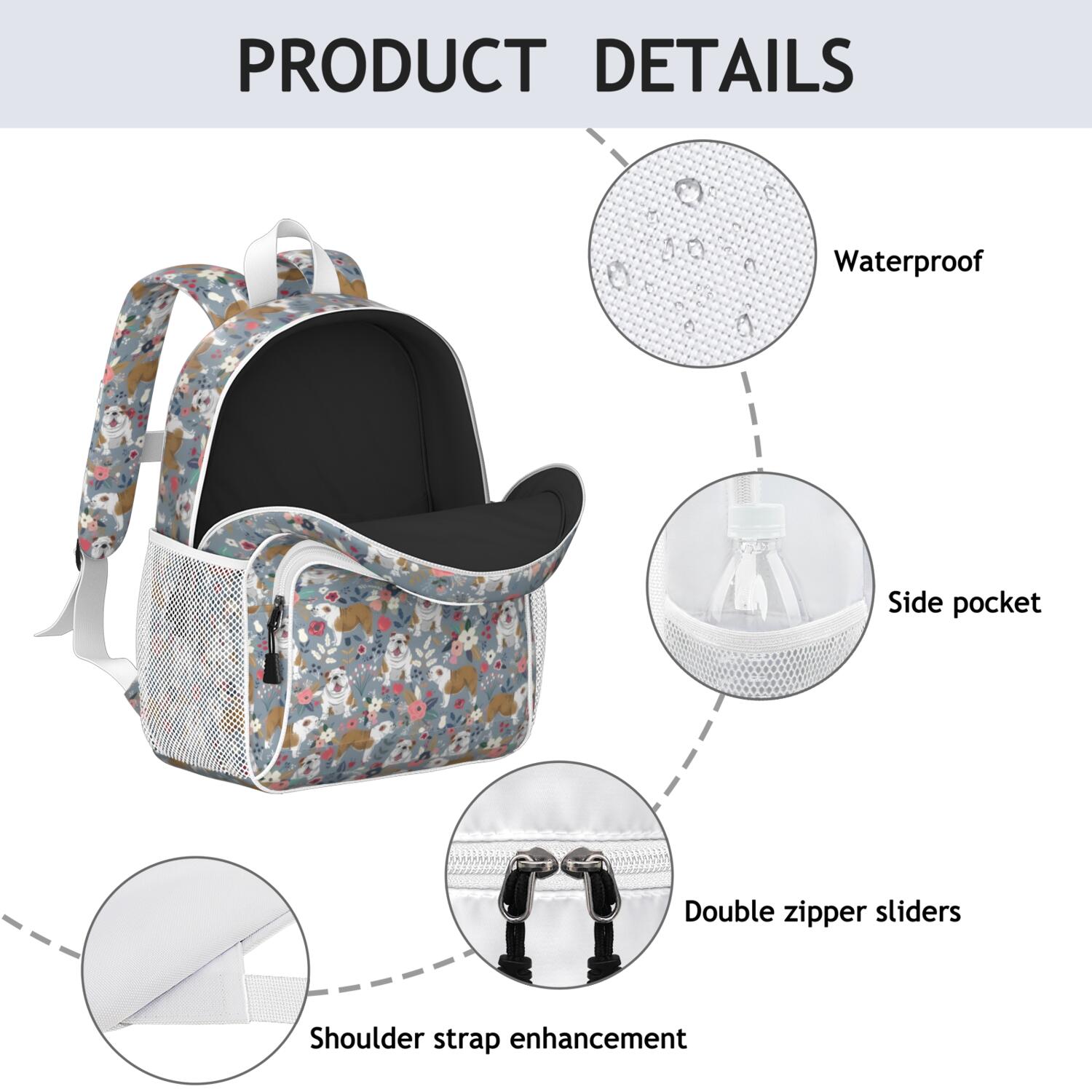 Bulldog Dog and Flower Florals Backpack for School,Cute School Bag,Schoolbag with Adjustable Shoulder Straps & Padded Back,15"x11.42"x5.5"