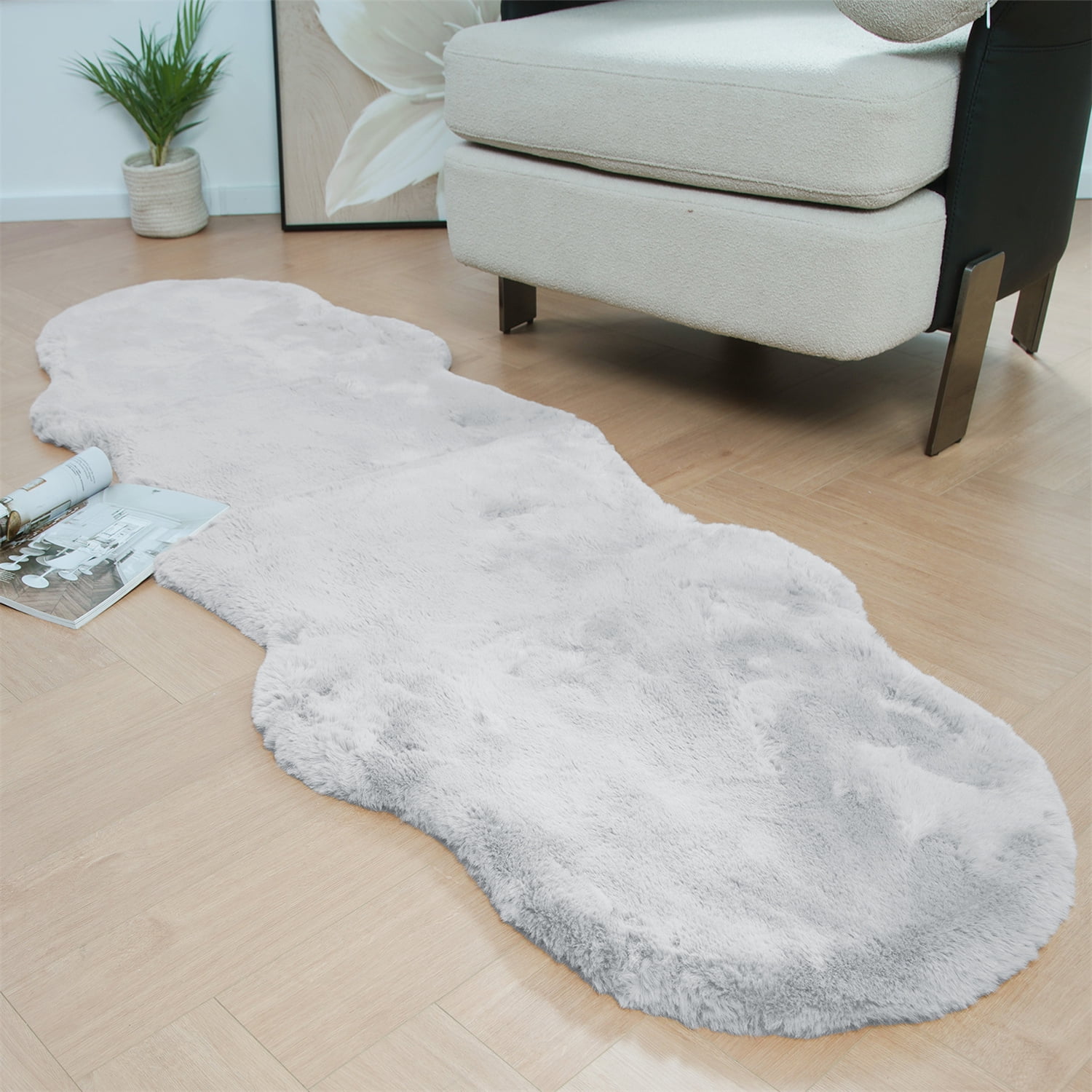 Latepis Faux Rabbit Fur Rug Washable Runner Rugs for Bedroom Grey