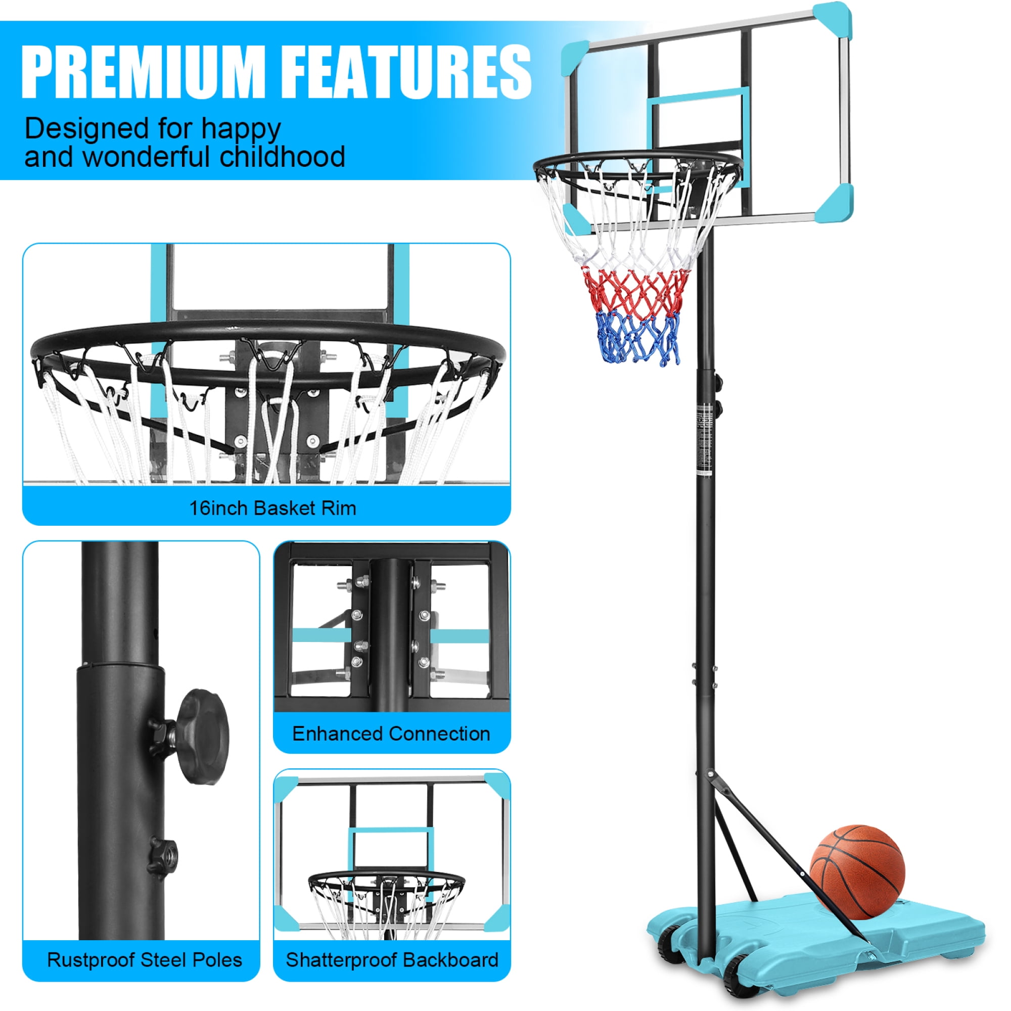 Portable Basketball Hoop,Outdoor Basketball Hoop Adjustable Height 5.6ft - 7ft,28 Inch Backboard with 2 Wheels for Kids Youth in Backyard Driveway,Blue