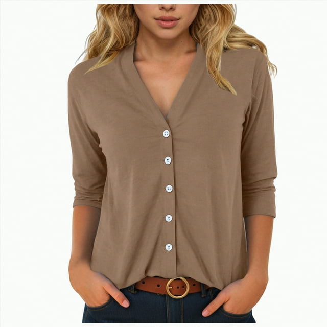 Womens Button Down Shirts 3/4 Sleeve V Neck Dress Blouses Business Casual Tops