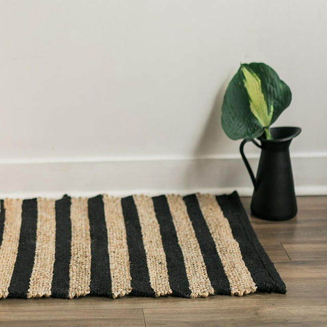 Set of 2 Black And Brown Striped Jute And Cotton Rug