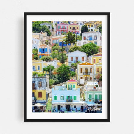 Symi Greek Island Houses - Photography Architecture Coastal Travel Poster Seaside Scenic Pastoral Black Framed Wall Art Print 8 x 10 inches