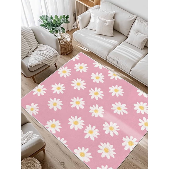 White Daisy Area Rug for Bedroom 5x7 Ft Flowers Pink Background Minimalist Modern Art Super Soft fuzzy Throw Rug Non-Slip Fluffy Plush Indoor Floor Carpet for Living Room Nursery Home Decor