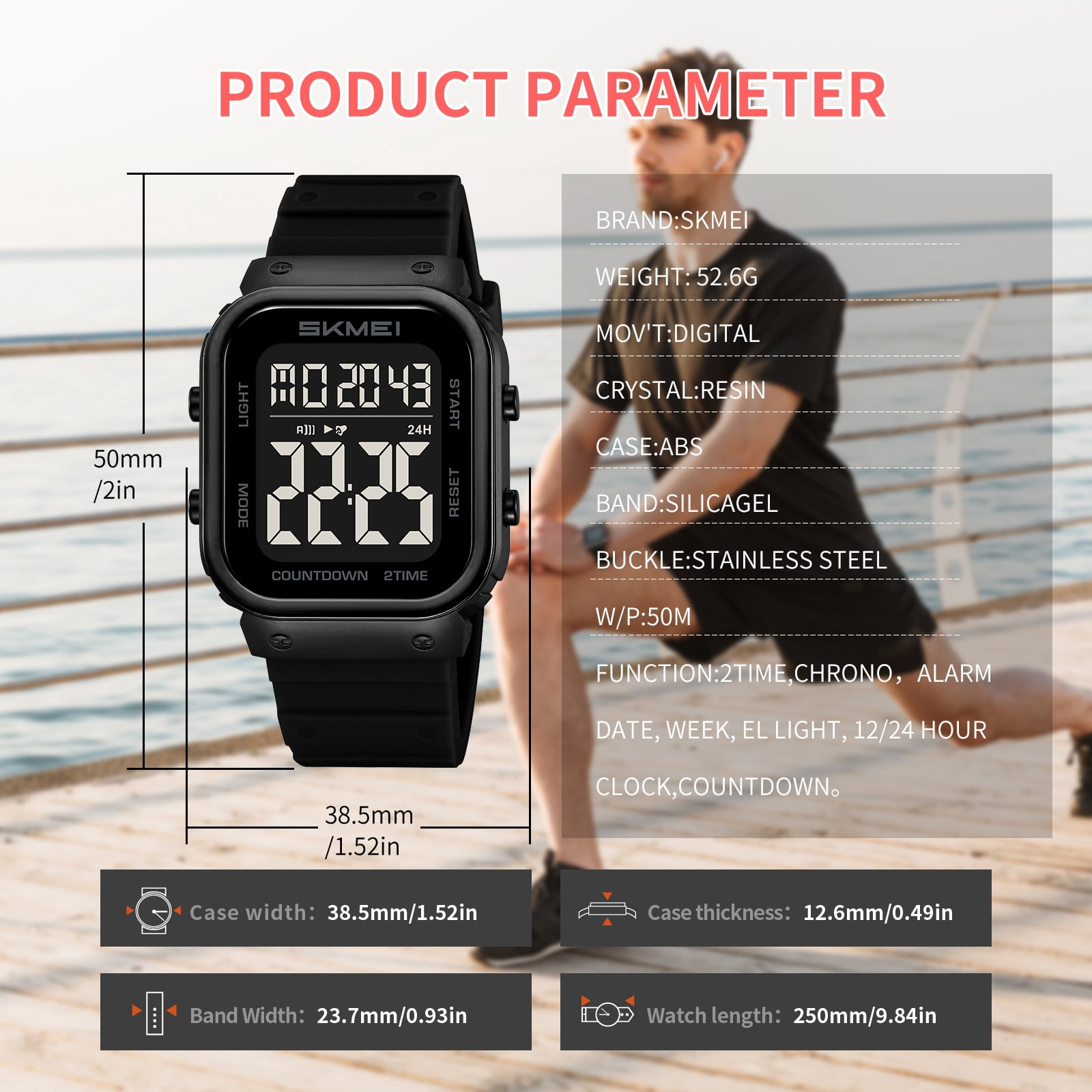 SKMEI Mens Digital Watch Outdoor Sports Waterproof Large Face Wrist Watches with LED Back Ligh/Alarm/Stopwatch
