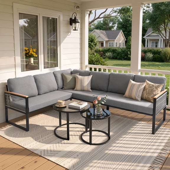 Pellebant Outdoor Sectional Sofa Set, Modern L-Shaped with Nesting Tables, Gray