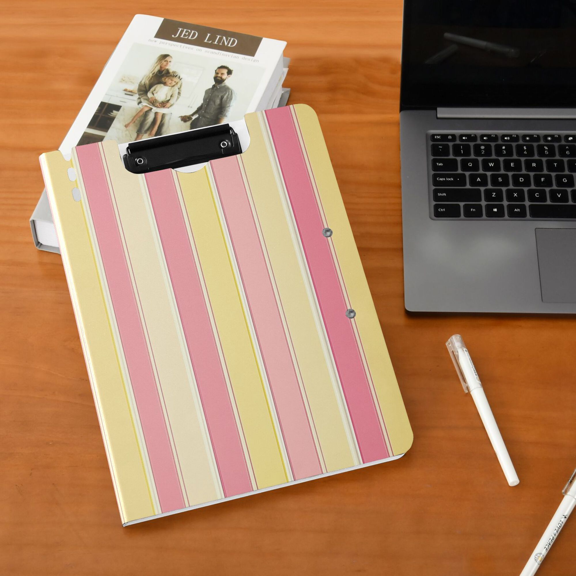 FORMRS A4 Clipboard Folder with Pen Holder Horizontal Foldable School Office Binder, Pink and Yellow Striped Pattern