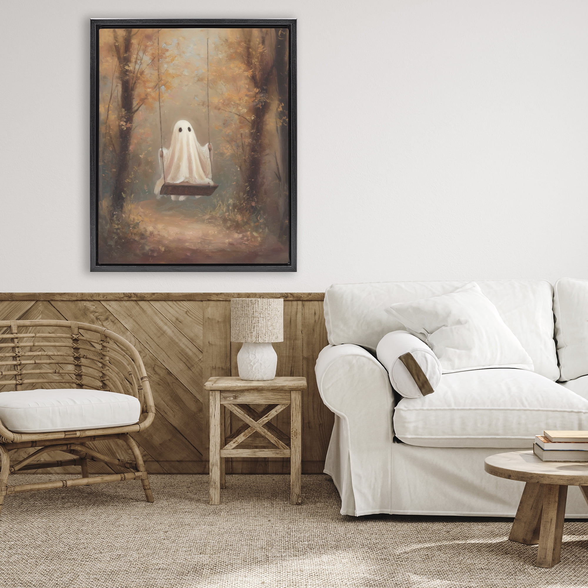 Eerie Swinging Ghost Black Framed Floater Canvas Wall Art, design by Arlington Prints
