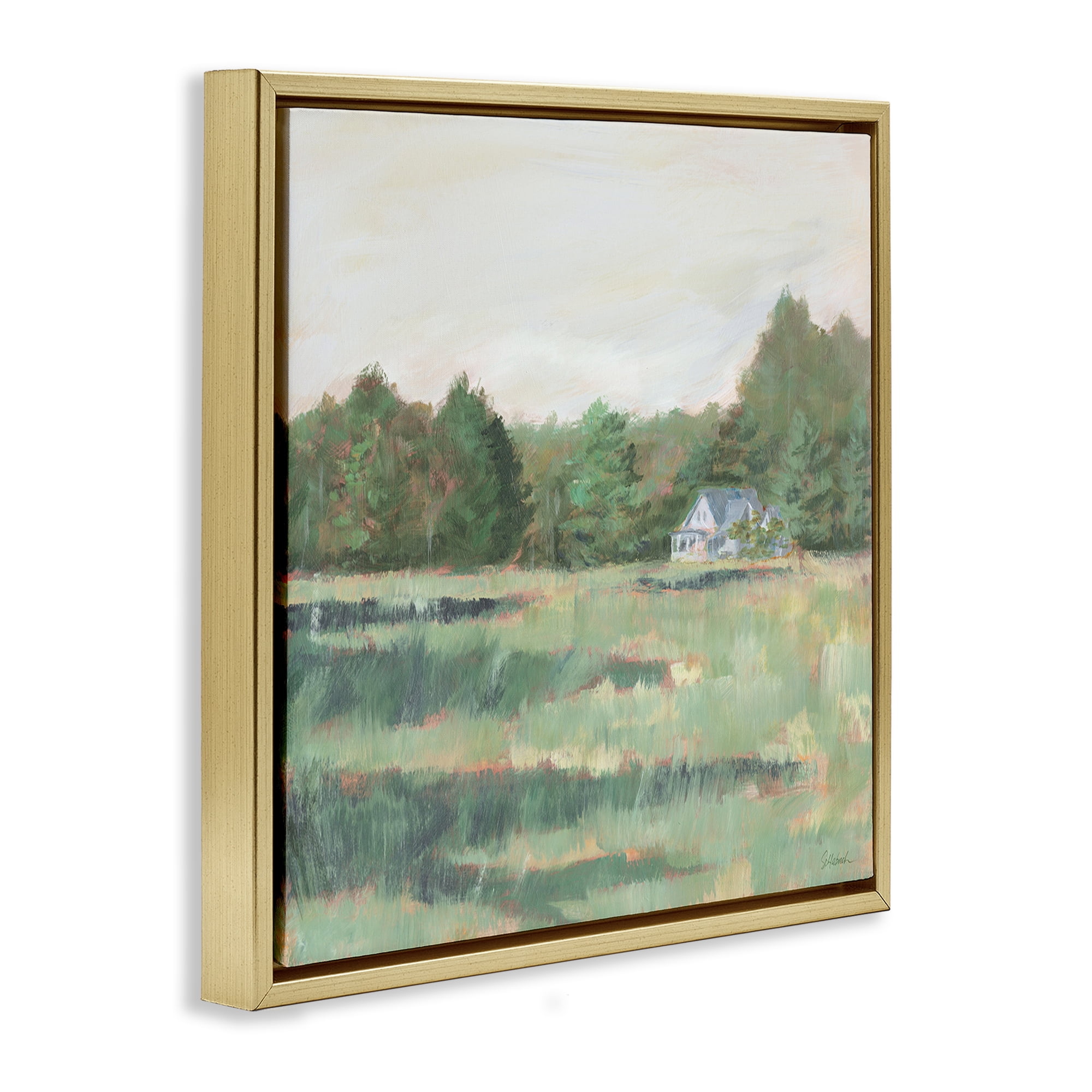Stupell Industries Farmhouse Across Meadow Landscape Painting Gold Floater Framed Art Print Wall Art, 18 x 18