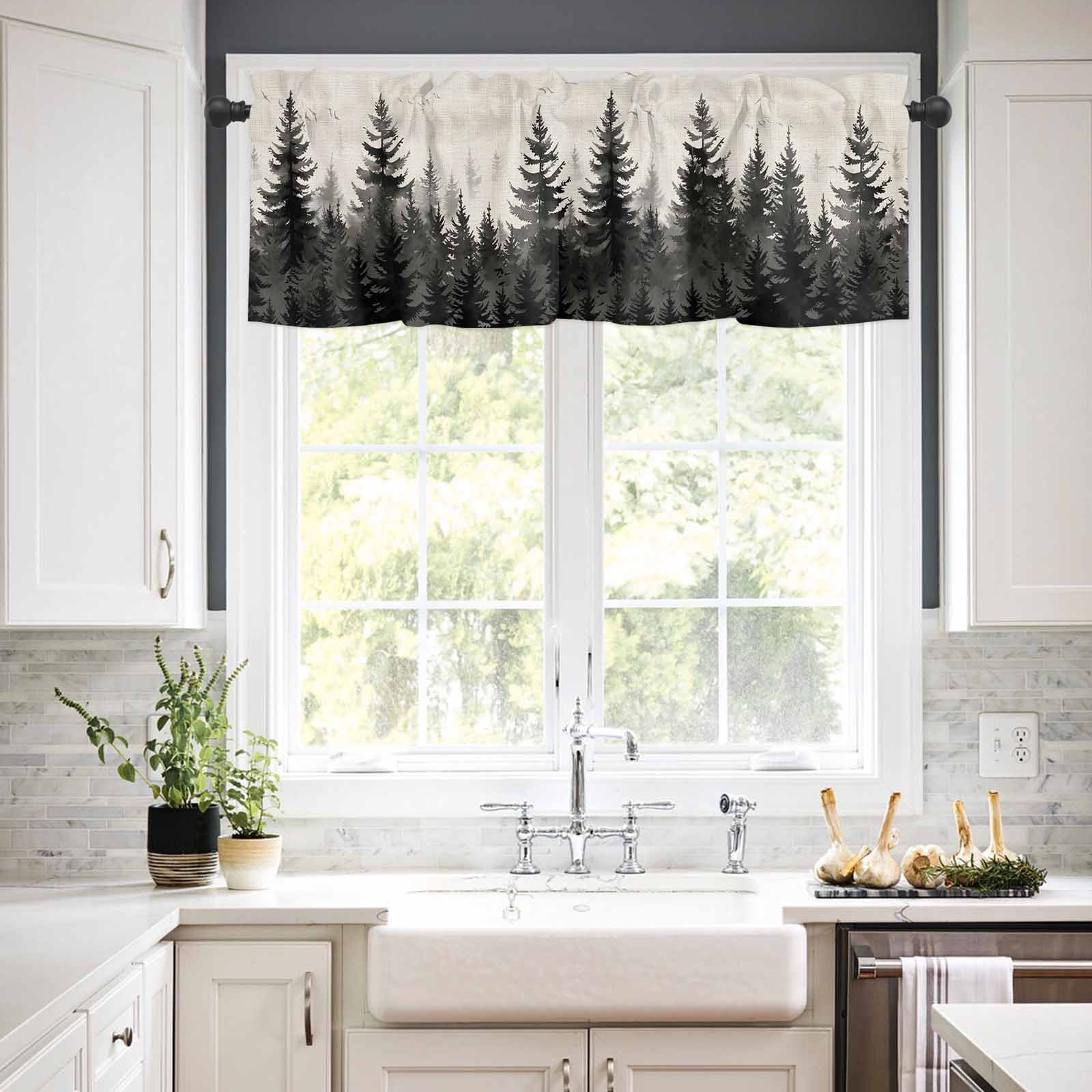 Black Forest Kitchen Curtains Valance and Tier Set Tree Bird Nature Landscape Linen Rod Pocket Short Curtains for Small Window 3 Pieces Set for Bedroom Bathroom Cafe (54" x 18"+27" x 24")