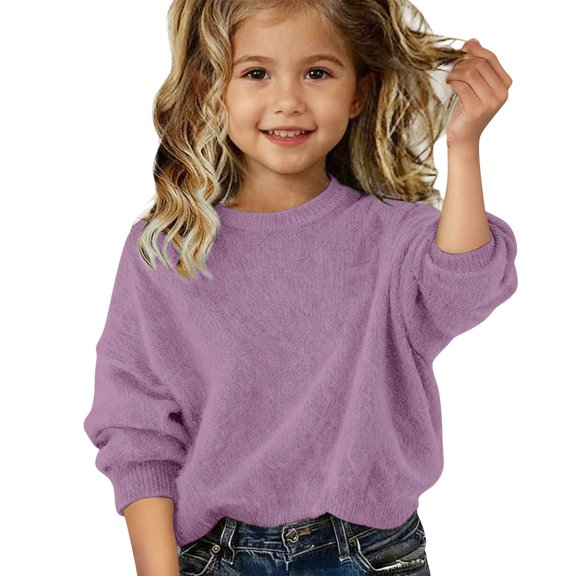 AUDeals Girls Sweater, Toddler Girls Fuzzy Fluffy Crewneck Knit Pullover, Plush Soft Cozy Loose Casual Knitted Sweater for Kids Girls (Purple, 5-6 Years)