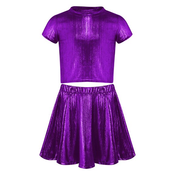 Haitryli Girls Metallic Crop Tops with Shiny Pleated Skirt Rave Dance Outfits Cheer Outfit for Hip-hop Purple 2-6