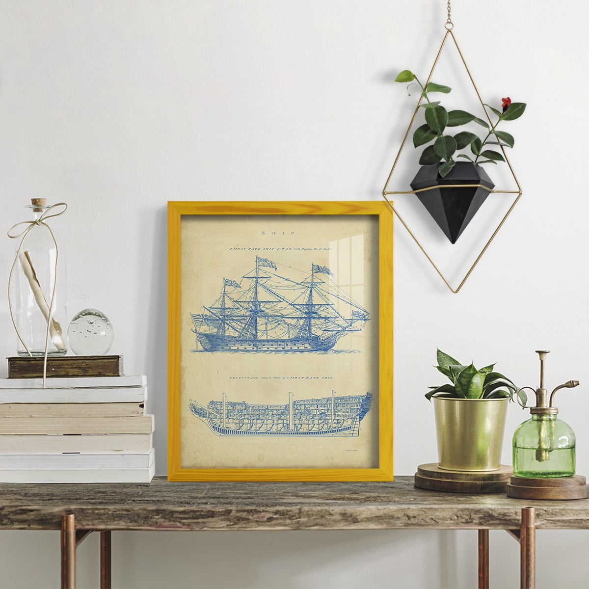 Vintage Ship Blueprint -Framed Print w/glass-Sunflower Yellow