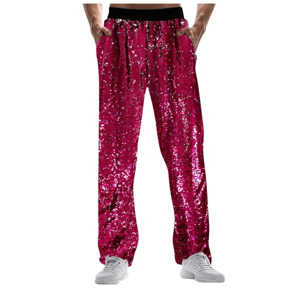 JAJAHO Carnival Mens Glitter Pants Sparkly Sequins Casual Straight Leg Festival Fashion Loose Fit Elastic Waistband Stylish Trousers