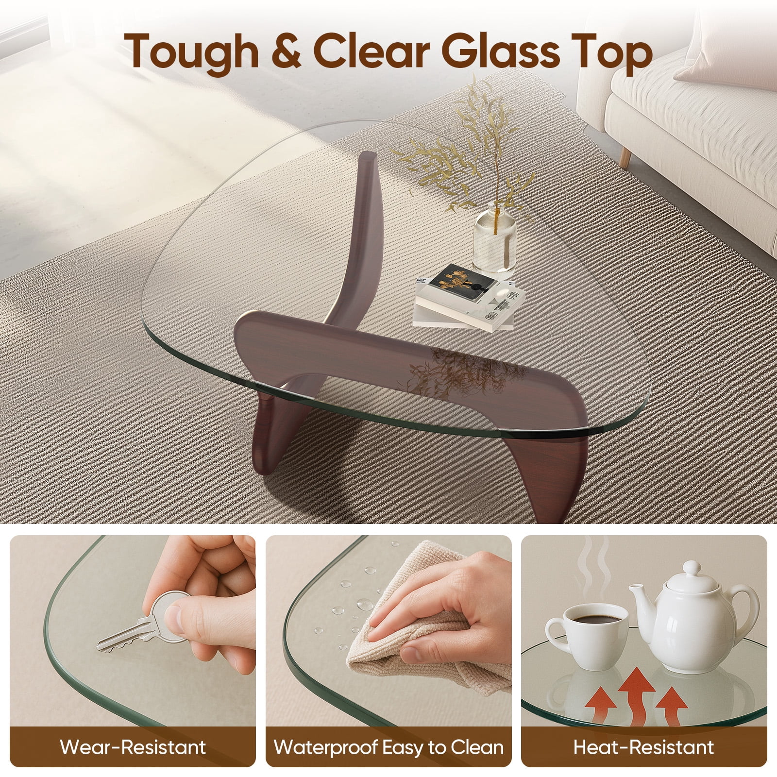 Cottinch 50" Triangle Glass Coffee Table with Wood Base for Living Room Office, Dark Walnut