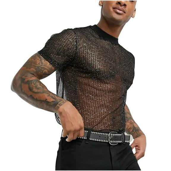 Men's Mesh T-Shirt Sexy See Through Y2K Crop Tops Summer Casual Short Sleeve Solid Colour Tees Crew Neck Blouses Undershirts Thin Breathable Tight for Party Clubwear