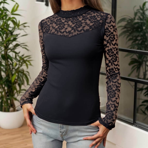 MHFRRA Camiseta de Manga Larga de Color, Informal, de Moda, Básica, con Cuello Redondo, para Uso Diario Negro