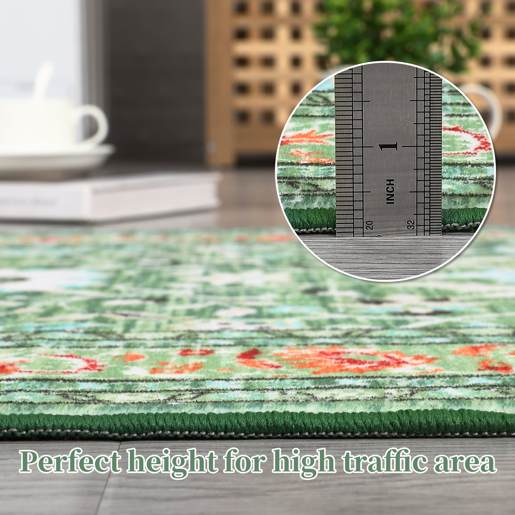 FairOnly 8' x 10' Vintage Floral Carpet for Office Living Room Bedroom Washable Rug Soft Surface Low Pile Area Rug, Grass Green