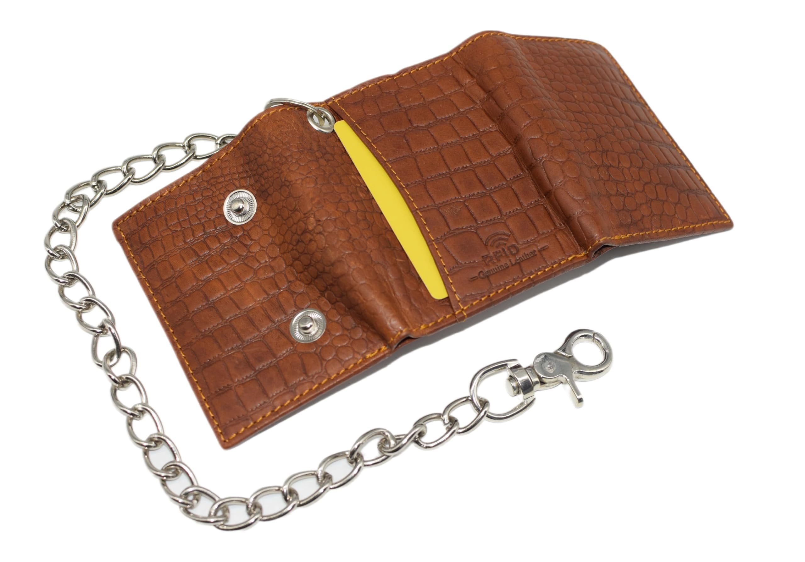 Men's Biker Chain Trifold Wallets - RFID Blocking Distressed Croco