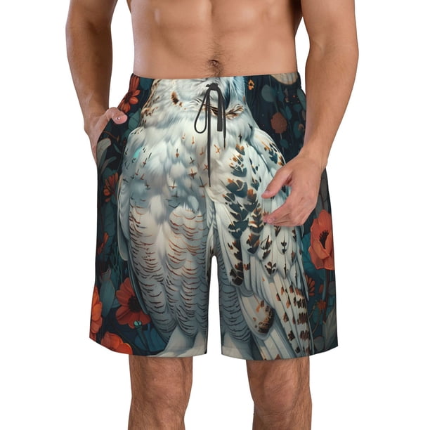 Fotbe Moon Flower White Owl Trajes de Baño Estampados para Hombre, Shorts de Verano de Secado Rápido, Ropa de Playa, Bañadores-X-Large