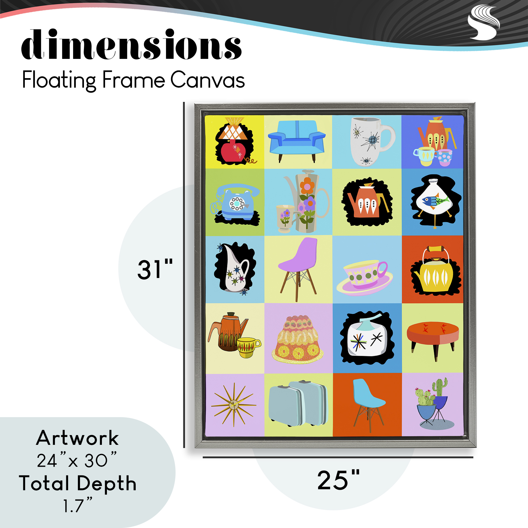 Retro Vintage Vignettes Gray Framed Floater Canvas Wall Art, design by Lynnda Rakos
