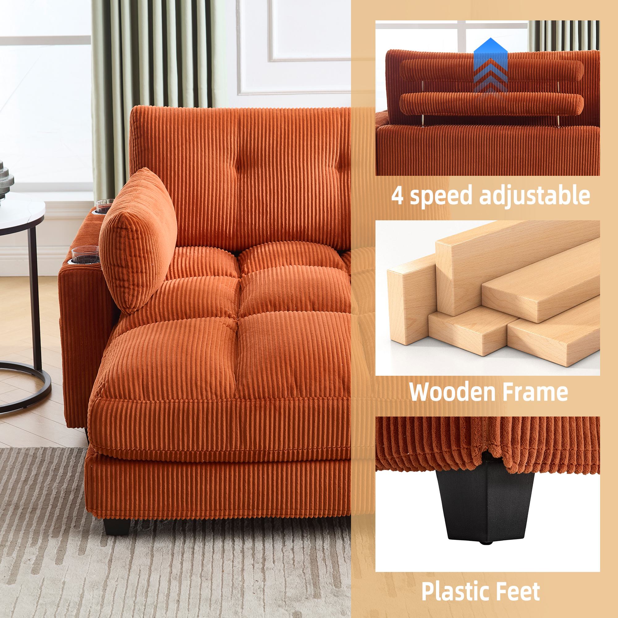 MOONMISS Corduroy Upholstered Soft Deep Seat Sleeper Sofa with USB,TYPE-C&2 Cup Holders-Orange