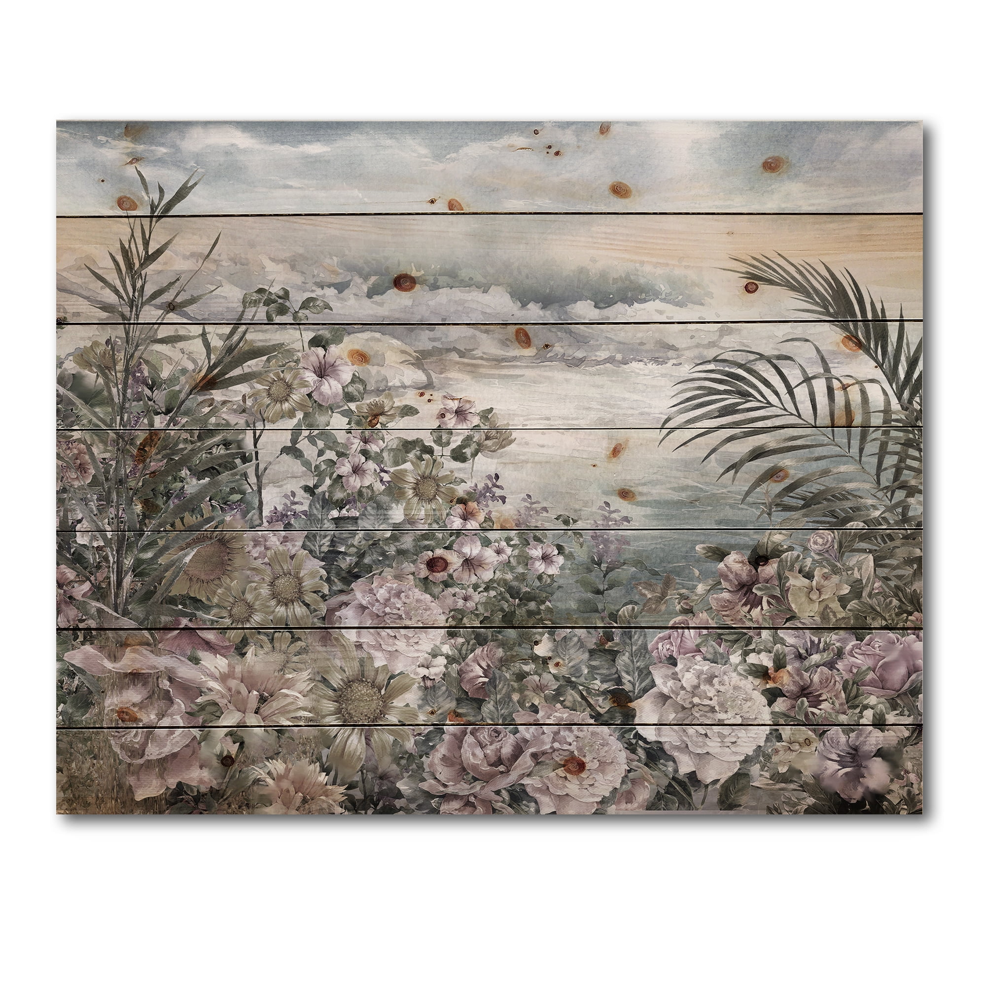 Designart 'Abstract Retro Flowers By The Sea Side' Vintage Print on Natural Pine Wood