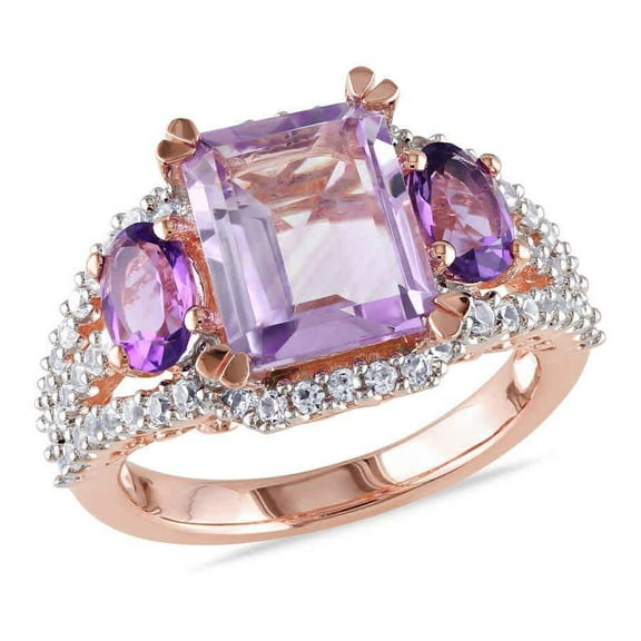 AMOUR 4 5/8 CT TGW Emerald Cut Rose De France, Amethyst and Created White Sapphire 3-sTone Ring In Rose Plated Sterling