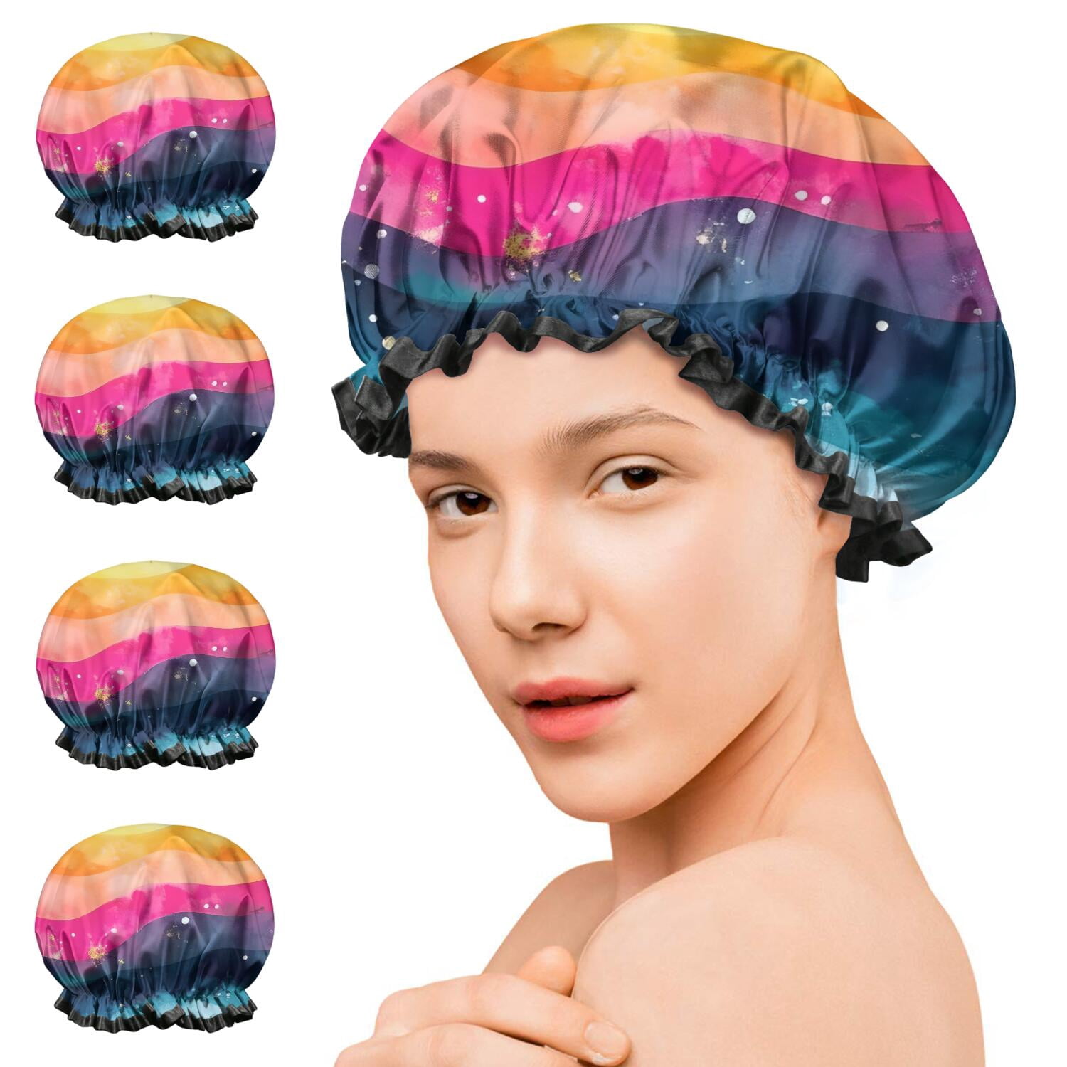 Shower Caps,Colorful Tie Dye Wave Pattern Waterproof Shower Cap for Women 4 Pieces,Double Reusable Hair Cover for Shower PEVA Elastic Stretch Hem