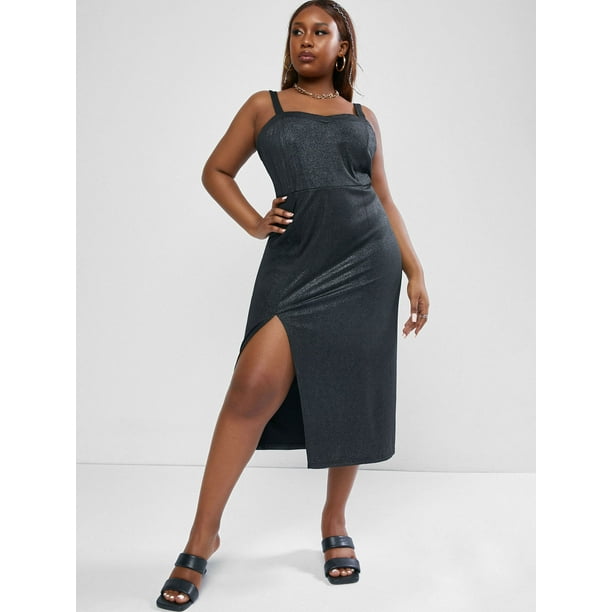 ZAFUL for Women Prom Dress or Cocktail Dress Evening Part Dress Glitter Metallic Front Slit Plus Size Midi Dress Black 4XL
