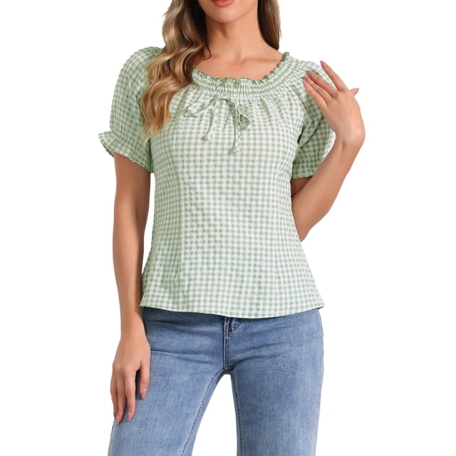 BLUSA DE GINGHAM A CUADROS INSPIRADA PARA MUJER CON CUELLO REDONDO, VOLANTES Y MANGAS PUFF TALLA XL VERDE