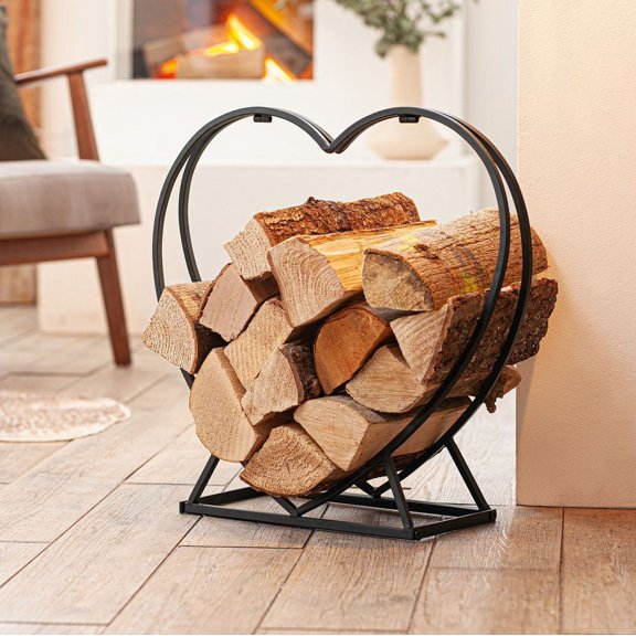 Westcharm 21.5" Metal Heart Shaped Firewood Log Rack | Black Firewood Holder Storage Rack | Log Wood Shelf for Outdoor Indoor Décor - Small