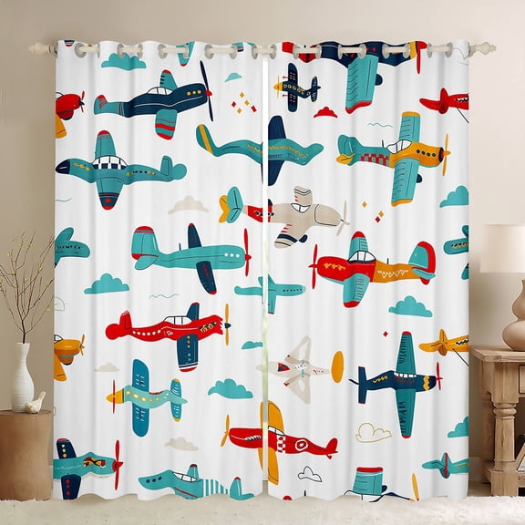 Homewish Colorful Airplane Blackout Curtains Set of 2 (52x84 Each),Cartoon Aircraft Window Curtains,Blue Red White Curtains and Drapes For Kids,Microfiber Bedroom Decor