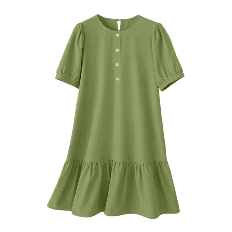 green short flowy dress ClodeEU Women's Round Neck Puff Short Sleeve Button Ruffle Hem Midi  Dress,Casual Flowy A Line Dress Wine,Women's Plus XXL