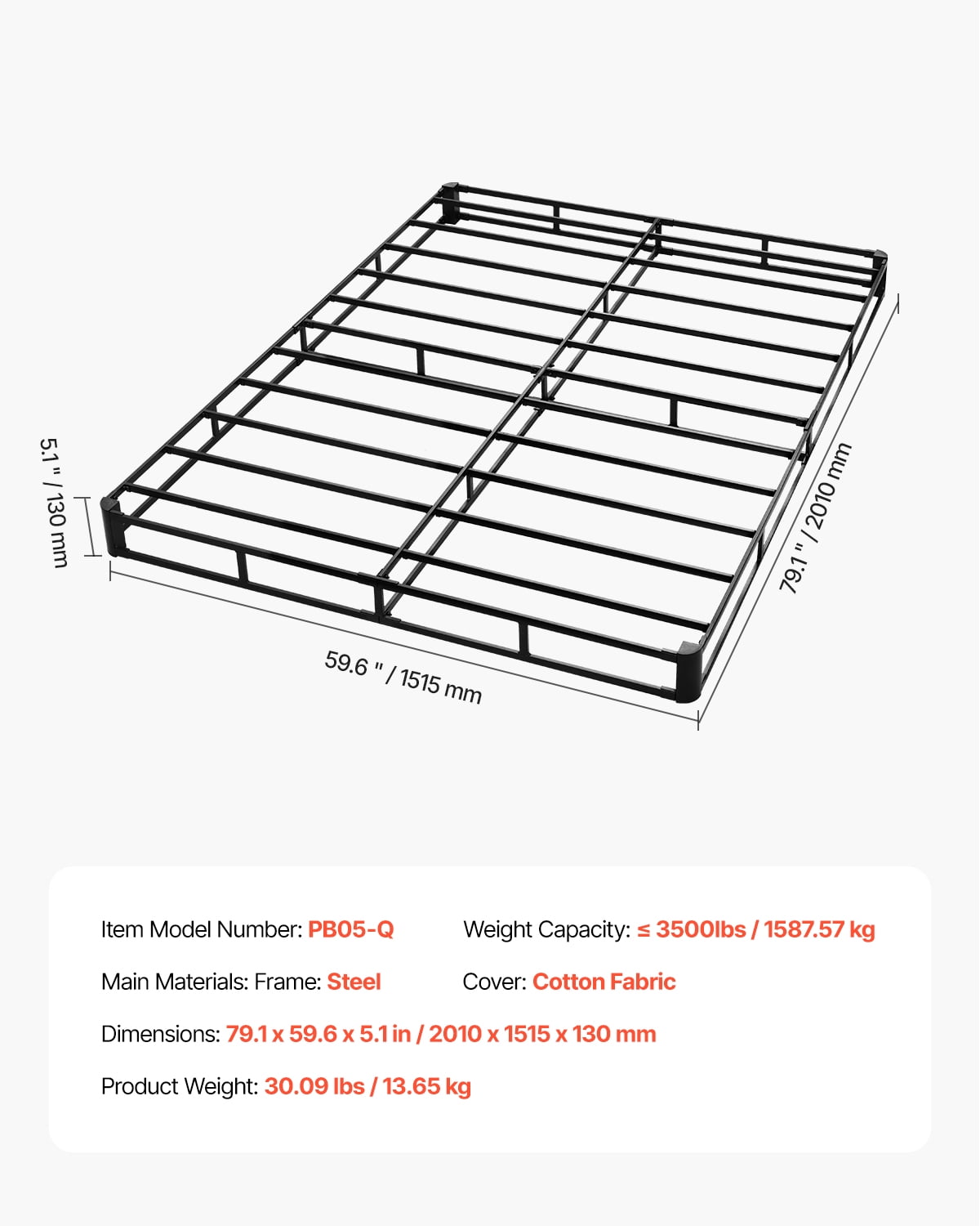 VEVOR Box Spring, Queen Size Bed Frame with Washable Fabric Cloth, Heavy Duty Metal Frame for Queen Bed, 5 in Mattress Foundation, 3500 lbs Max Weight Capacity, Easy Assembly