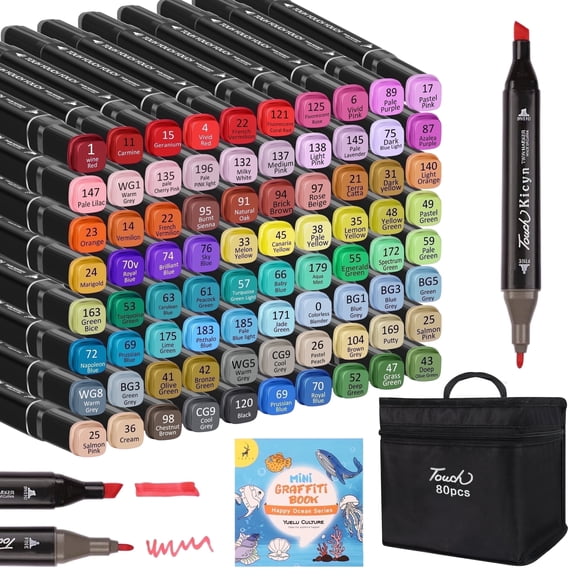 Alcohol Markers Brush Tip, 80 Colors Dual Tip Point Art Markers(with Coloring Book)
