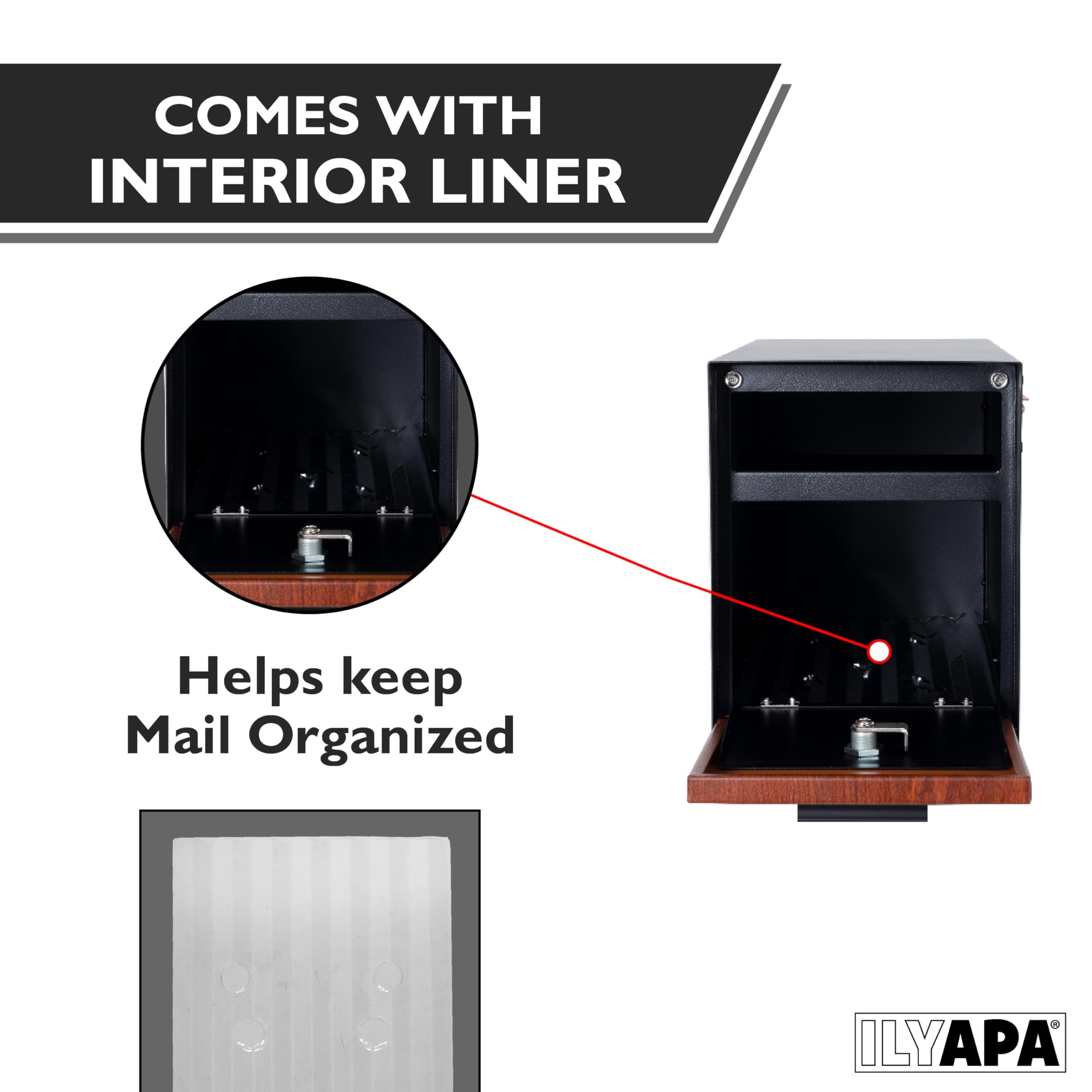 Ilyapa Locking Mailbox with Lock and Key Modern Mailboxes for Outside Post Mount - Black Powder Coated Steel & Printed Redwood Trim, All Weather