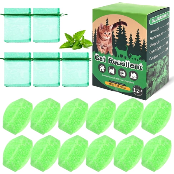 12Pack Cat Repellent Outdoor & Indoor, Natural Peppermint Oil Cat Deterrent Balls Outdoor Indoor Keep Cats Off Yard Garden Lawn Plants and Chew (Green)