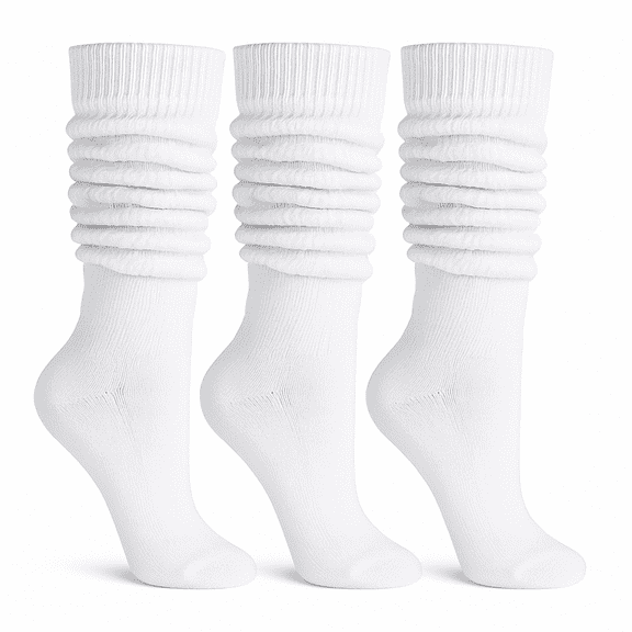 Women's Cotton Slouch Socks Knee High Scrunch Boot Socks Breathable Extra Long All Season 3 Pairs (White)