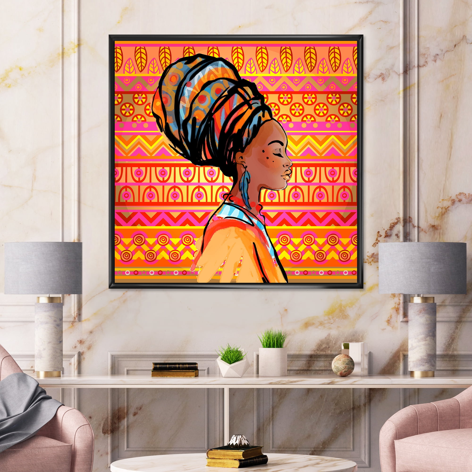 Designart 'Portrait of African American Woman With Turban I' Modern Framed Canvas Wall Art Print