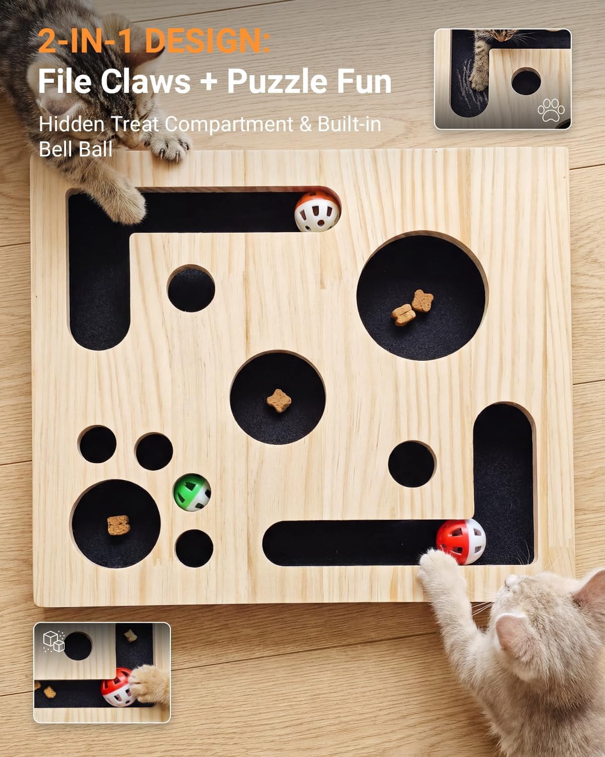 Cat Nail File Box with Interactive Cat Toys – 2026 Cats Nail File Enrichment Box Scratch Puzzle Toy for Indoor Cats, Natural Claw Care & Enrichment Activity with 3 Bell Ball(Random Color)