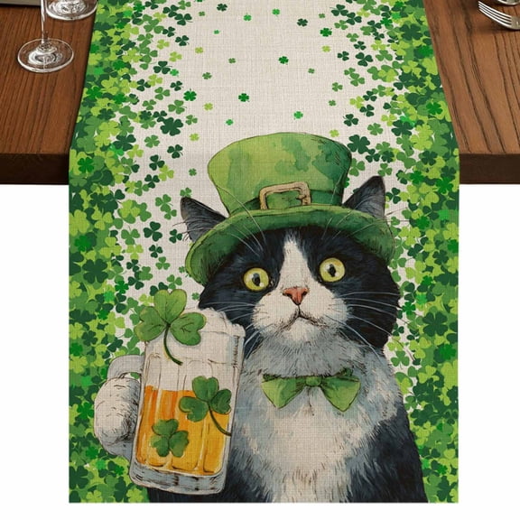 Table Runners 72 Inches Long Dress Scarves, St. Patrick's Day Farmhouse Kitchen Table Runner, Coffee Tablerunners, Vintage Cute Cat Beer Green Clovers 14x72 Inch